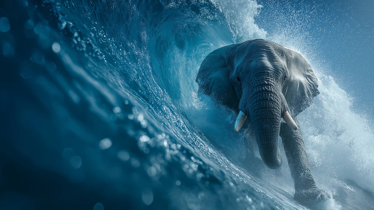 Elephant Surfing Barrel Wave Mural Wallpaper —Dynamic Marine Scene Mural Wallpaper - room preview 04