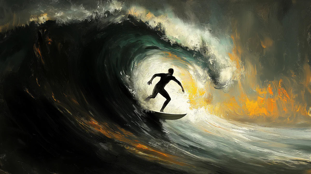 Barrel Wave Surfer Mural Wallpaper —Moody Oil Painting Style Mural Wallpaper - room preview 04