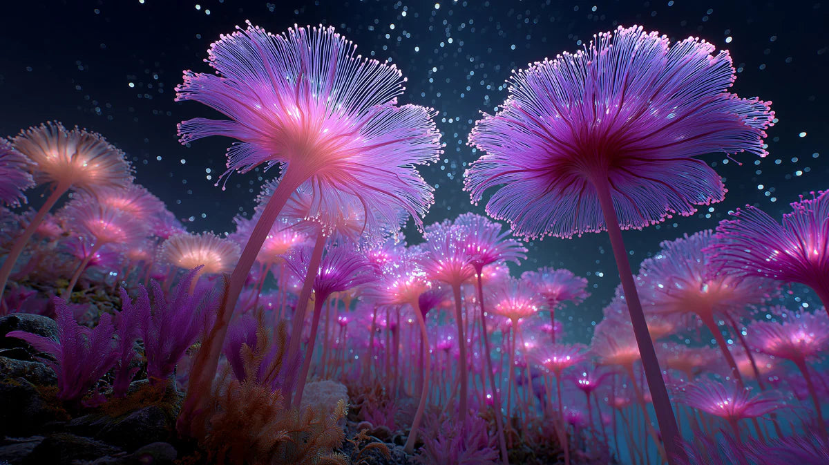 Bioluminescent Coral Garden Mural Wallpaper — Surreal Deep Sea Art Mural Wallpaper - room preview 04
