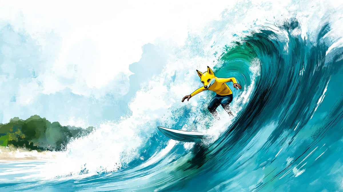 Surfing Fox Wave Mural Wallpaper — Energetic Coastal Illustration Mural Wallpaper - room preview 04
