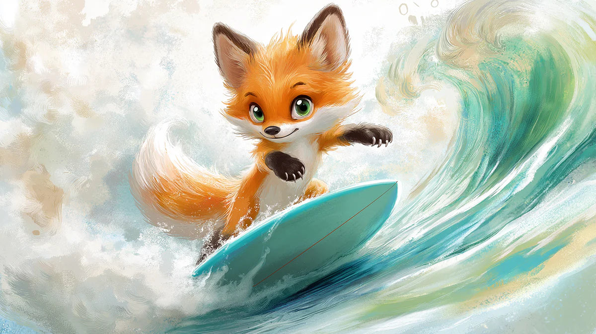 Surfing Fox Animal Mural Wallpaper — Whimsical Coastal Art Mural Wallpaper - room preview 04