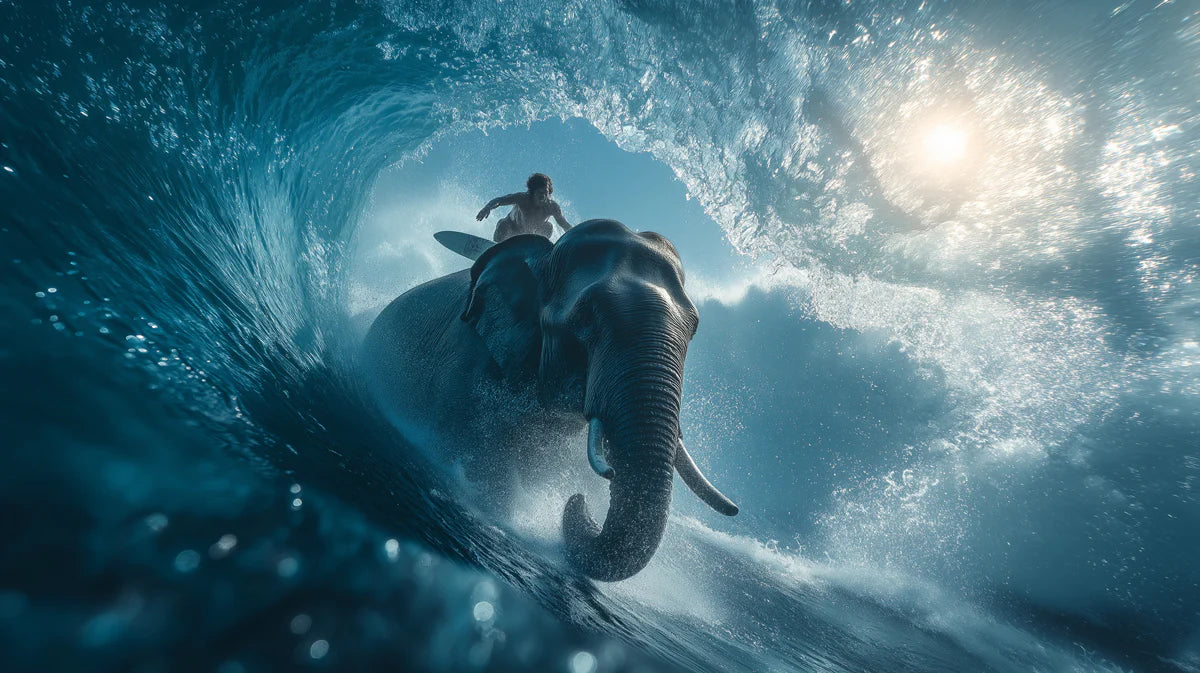 Elephant Surfer Ocean Wave Mural Wallpaper — Dynamic Marine Scene Mural Wallpaper - room preview 04