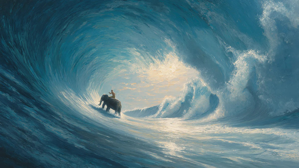 Elephant Surfing Barrel Mural Wallpaper — Expressive Oil Painting Mural Wallpaper - room preview 04