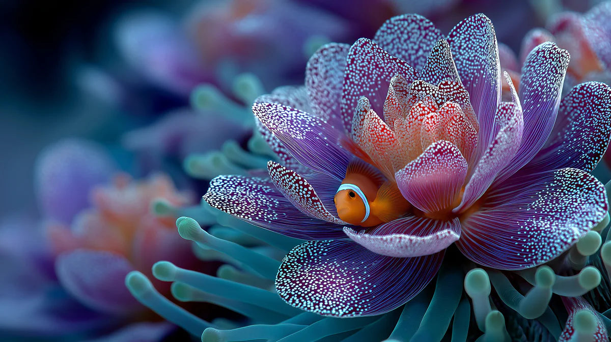 Clownfish in Purple Anemone Mural Wallpaper — Surreal Macro Floral Mural Wallpaper - room preview 04