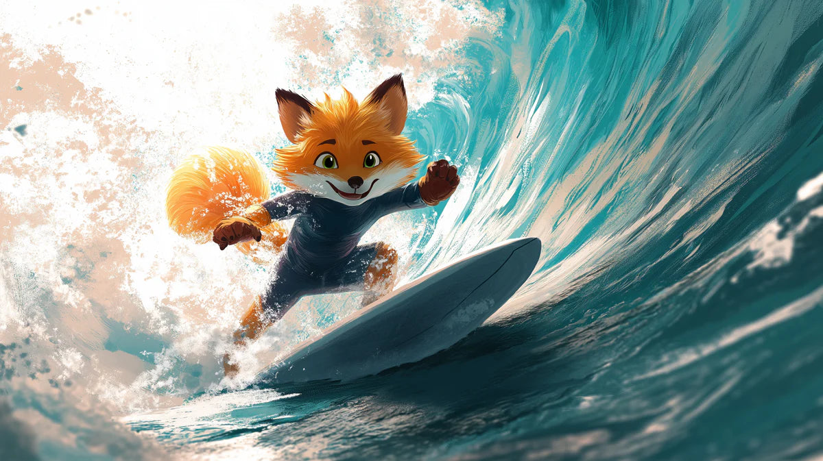 Surfing Fox Illustration Mural Wallpaper — Playful Coastal Art Mural Wallpaper - room preview 04