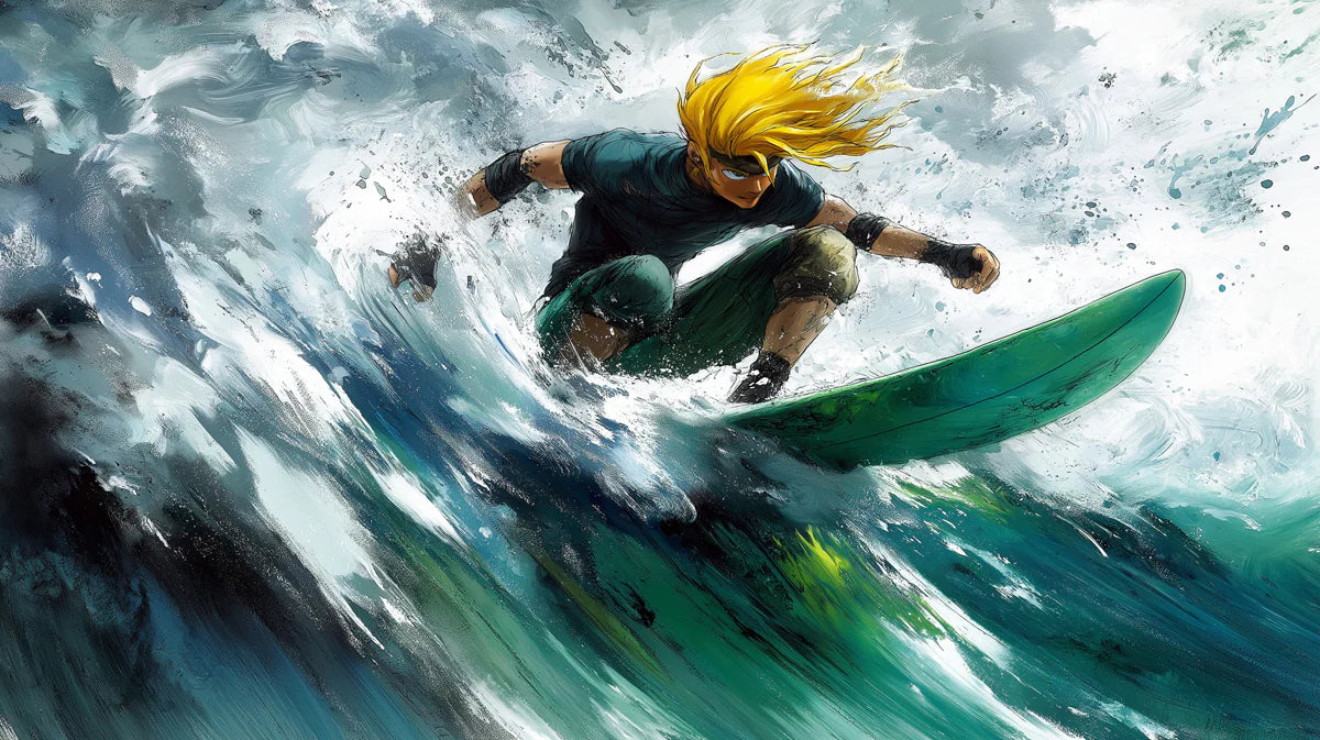 Anime Surfer Action Mural Wallpaper — High Energy Coastal Art Mural Wallpaper - room preview 04