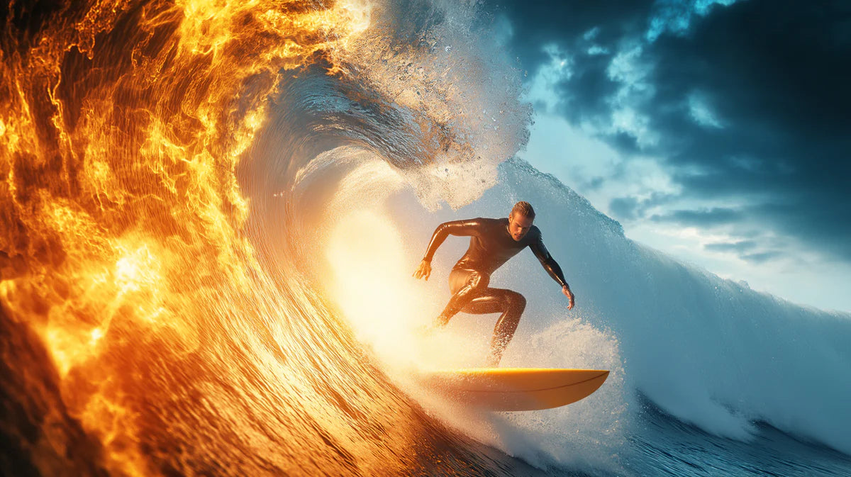 Fire and Water Barrel Wave Mural Wallpaper — High Energy Contrast Mural Wallpaper - room preview 04