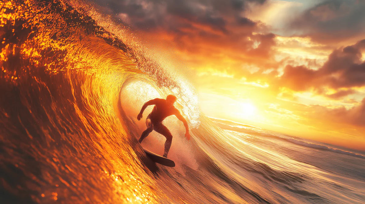 Golden Sunset Surfer Mural Wallpaper — Dramatic Ocean Wave Scene Mural Wallpaper - room preview 04