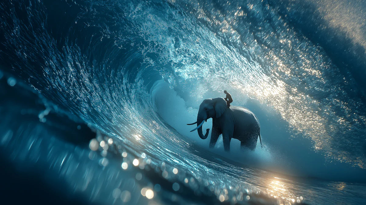 Surreal Elephant Surfing Wave Mural Wallpaper — Cinematic Ocean Art Mural Wallpaper - room preview 04