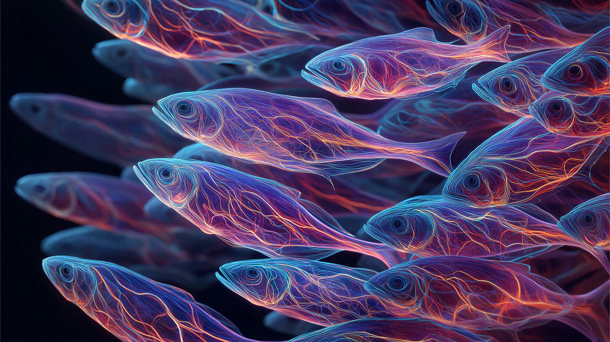 Neon School of Fish Mural Wallpaper — Abstract Bioluminescent Art Mural Wallpaper - room preview 04