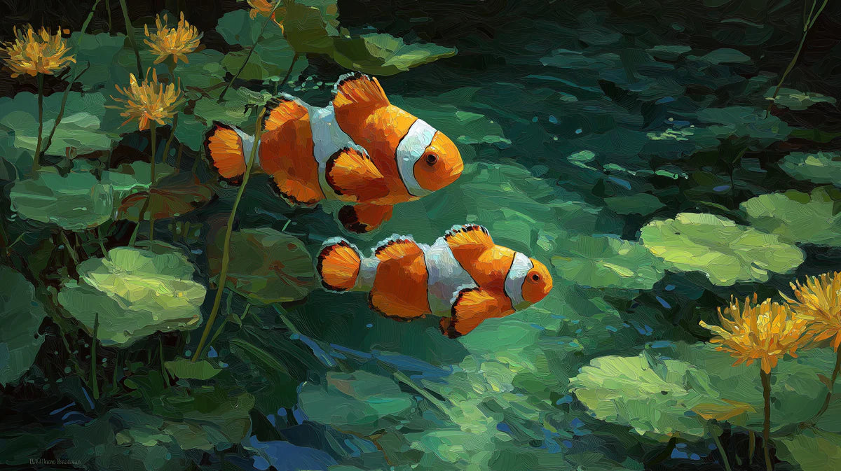 Clownfish and Water Lily Pond Mural Wallpaper — Oil Painting Style Mural Wallpaper - room preview 04