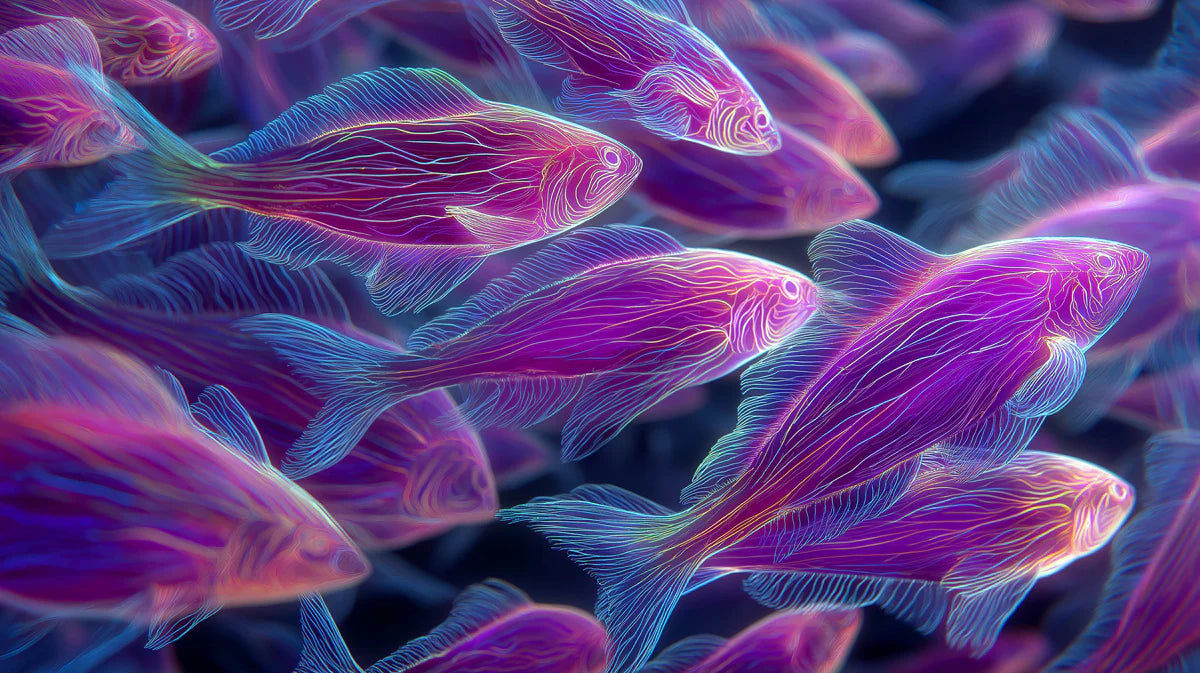 Neon School of Fish Mural Wallpaper in Electric Pink and Purple Mural Wallpaper - room preview 04