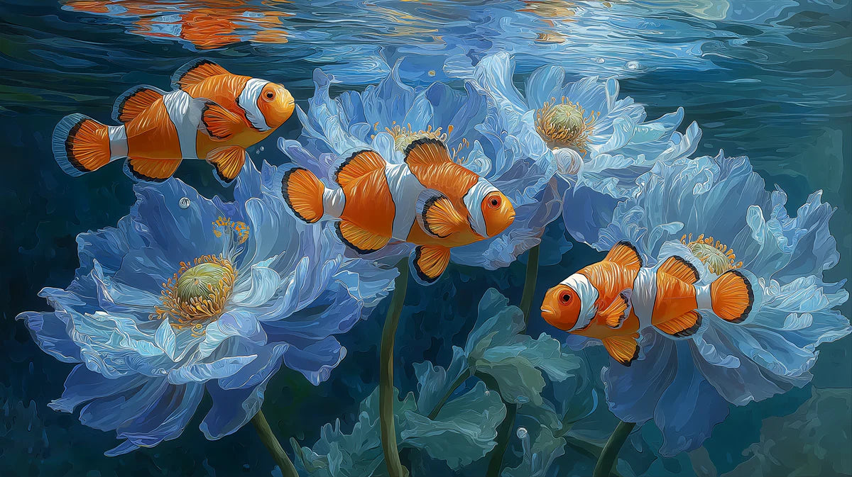 Clownfish and Blue Bloom Mural Wallpaper — Surreal Underwater Art Mural Wallpaper - room preview 04