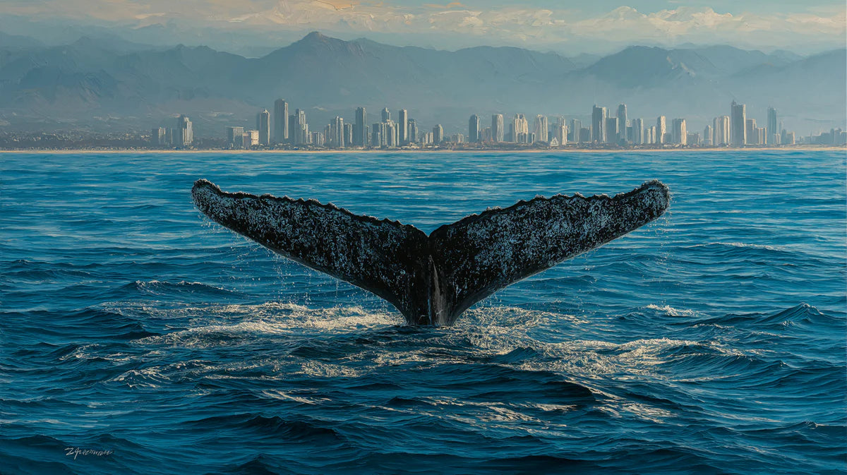 Humpback Whale and City Skyline Mural Wallpaper —Coastal Realism Mural Wallpaper - room preview 04