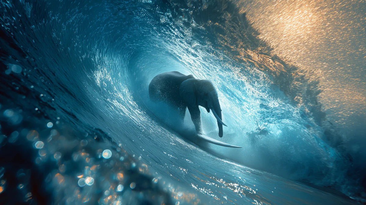 Elephant Surfing Wave Mural Wallpaper — Surreal Coastal Art Mural Wallpaper - room preview 04