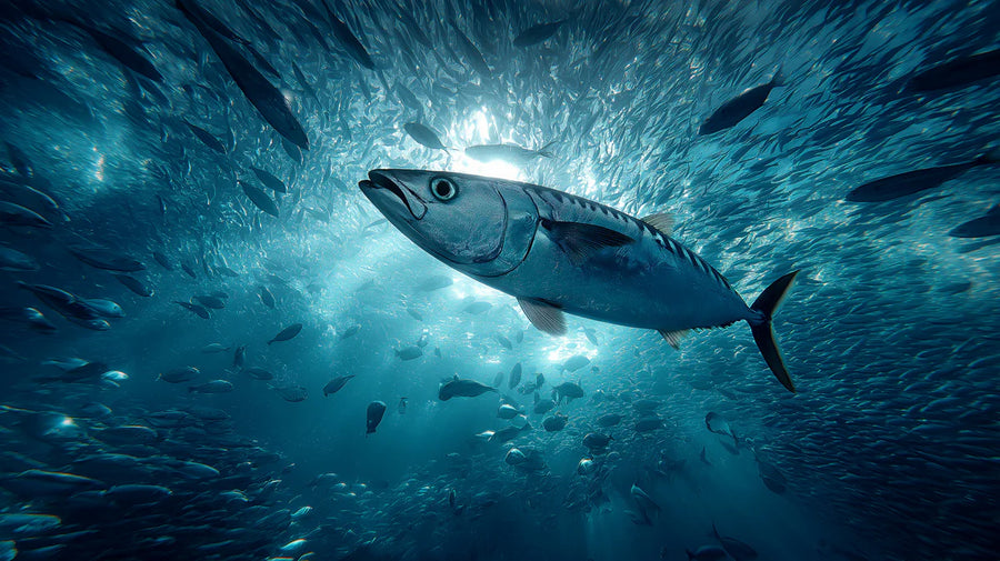 Sea Life Wallpaper Mural – Ocean Life Wall Mural – Tuna Vortex Underwater — Realistic Aquatic Scene printable artwork