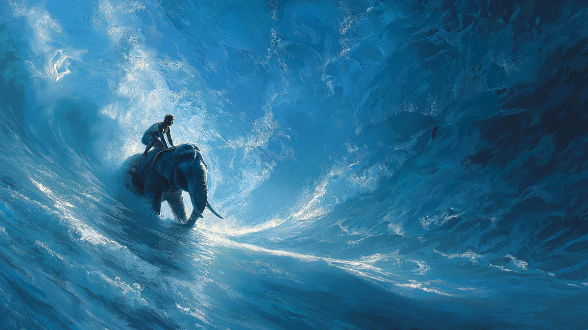 Surfing Elephant Oil Painting Mural — Expressive Ocean Blue Art Mural Wallpaper - room preview 04