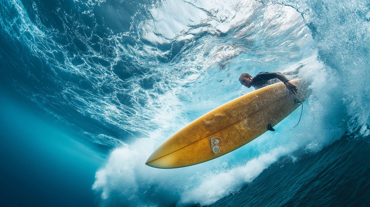Submerged Surfer Mural Wallpaper — Dynamic Ocean Wave Mural Wallpaper - room preview 04