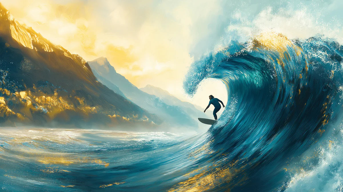 Surfer and Golden Mountain Mural Wallpaper — Coastal Impressionist Mural Wallpaper - room preview 04