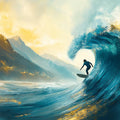 Surfer and Golden Mountain Mural Wallpaper — Coastal Impressionist Mural Wallpaper - room preview 04