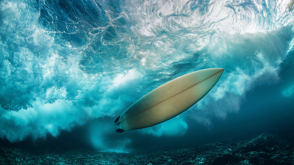 Submerged Surfboard Wave Mural Wallpaper — Moody Coastal Art Mural Wallpaper - room preview 04