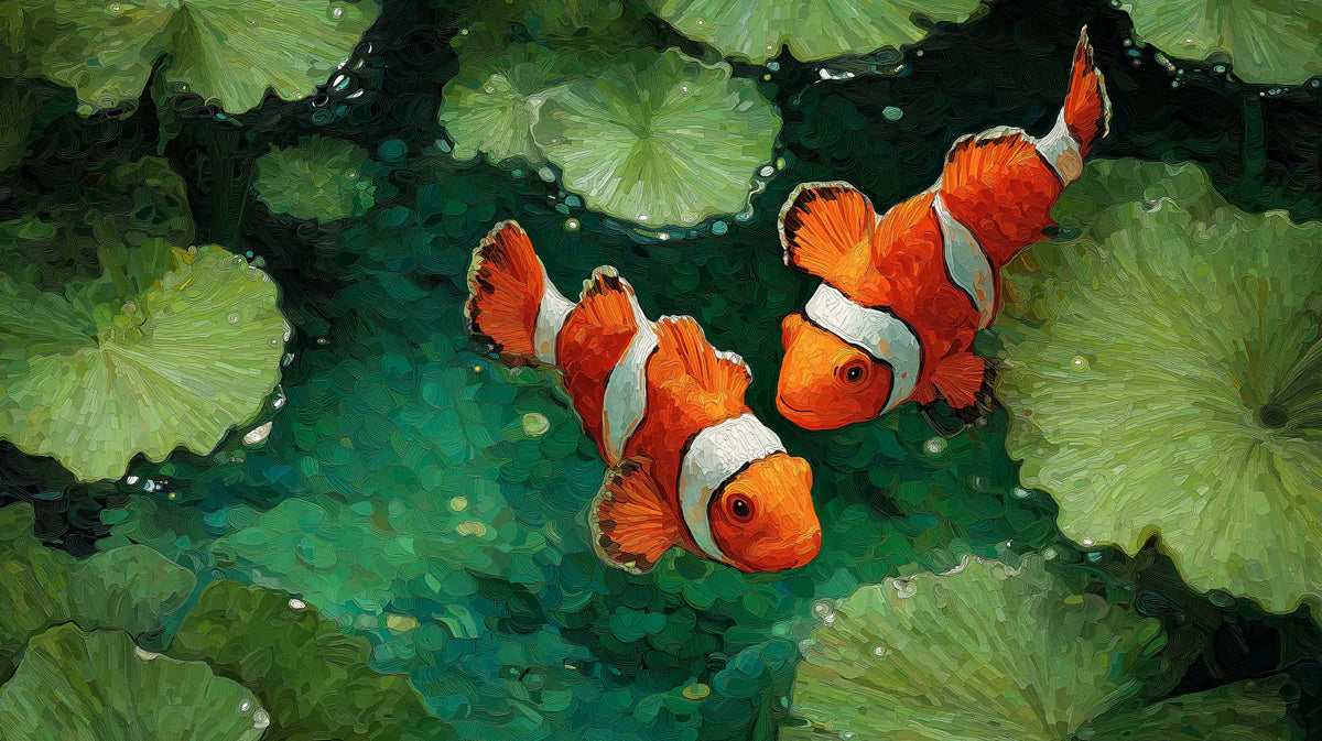 Clownfish Lily Pad Pond Mural Wallpaper — Artistic Marine Scene Mural Wallpaper - room preview 04