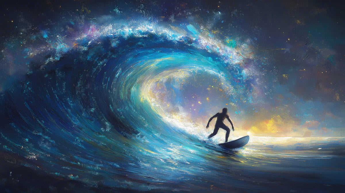 Cosmic Surfer Wave Mural Wallpaper — Impressionist Night Ocean Scene Mural Wallpaper - room preview 04