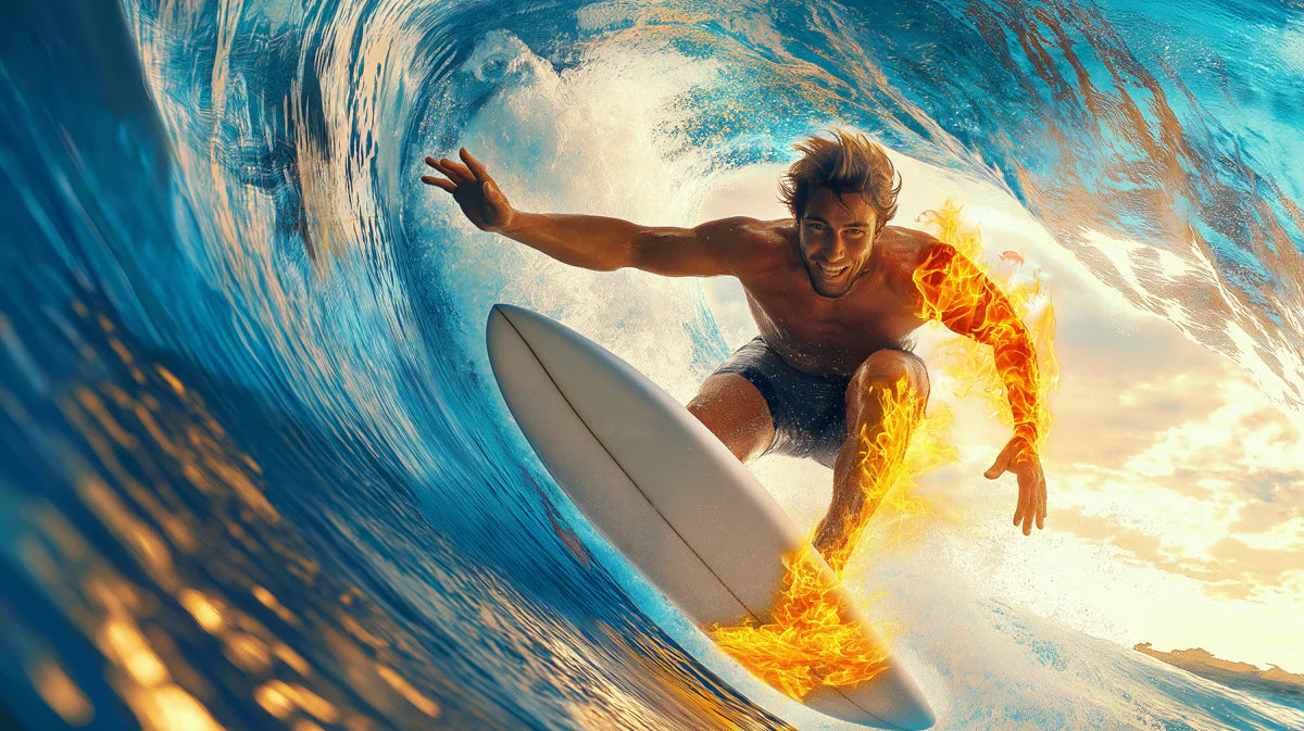 Fiery Surfer Action Mural Wallpaper — Bold Coastal Fantasy Art Mural Wallpaper - room preview 04
