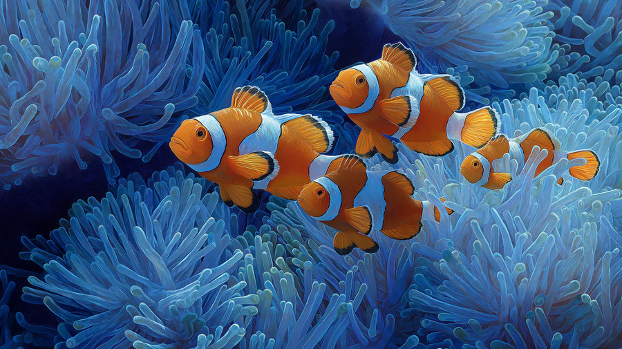 Coral Wallpaper Mural – Reef Wall Mural – Clownfish and Blue Anemone Oil Painting printable artwork