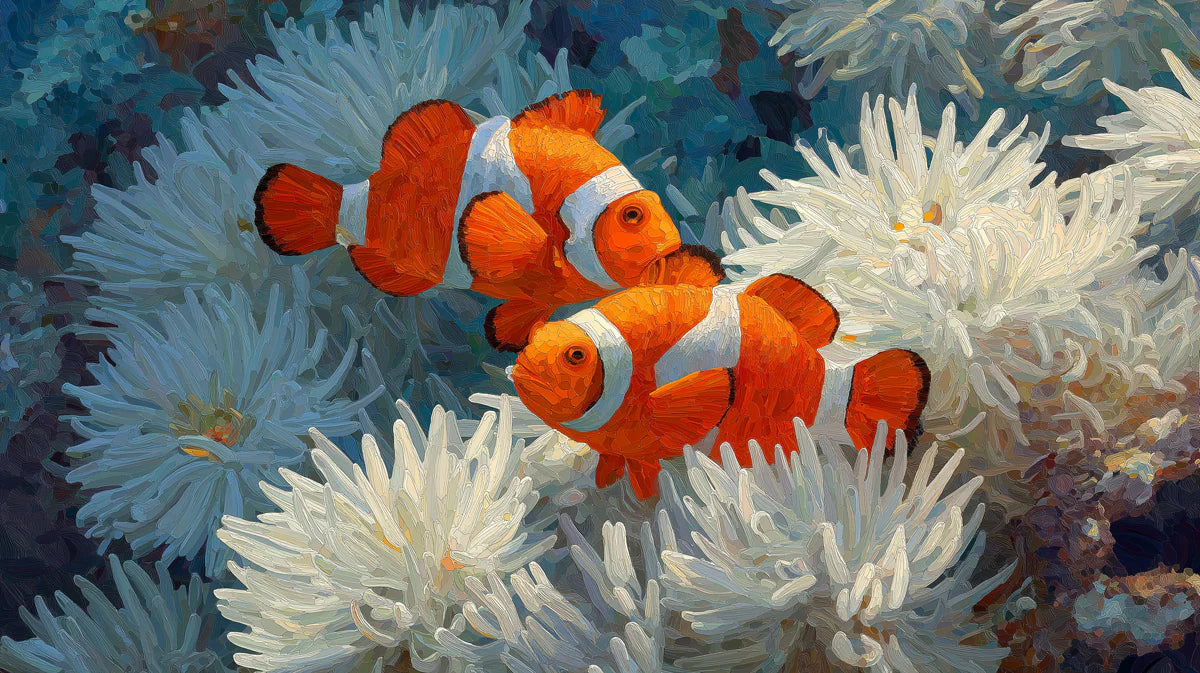 Clownfish and White Anemone Impasto Mural Wallpaper - room preview 04