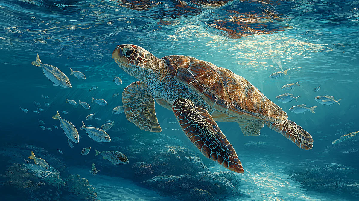 Oceanic Sea Turtle Mural Wallpaper — Coastal Blue Underwater Scene Mural Wallpaper - room preview 04