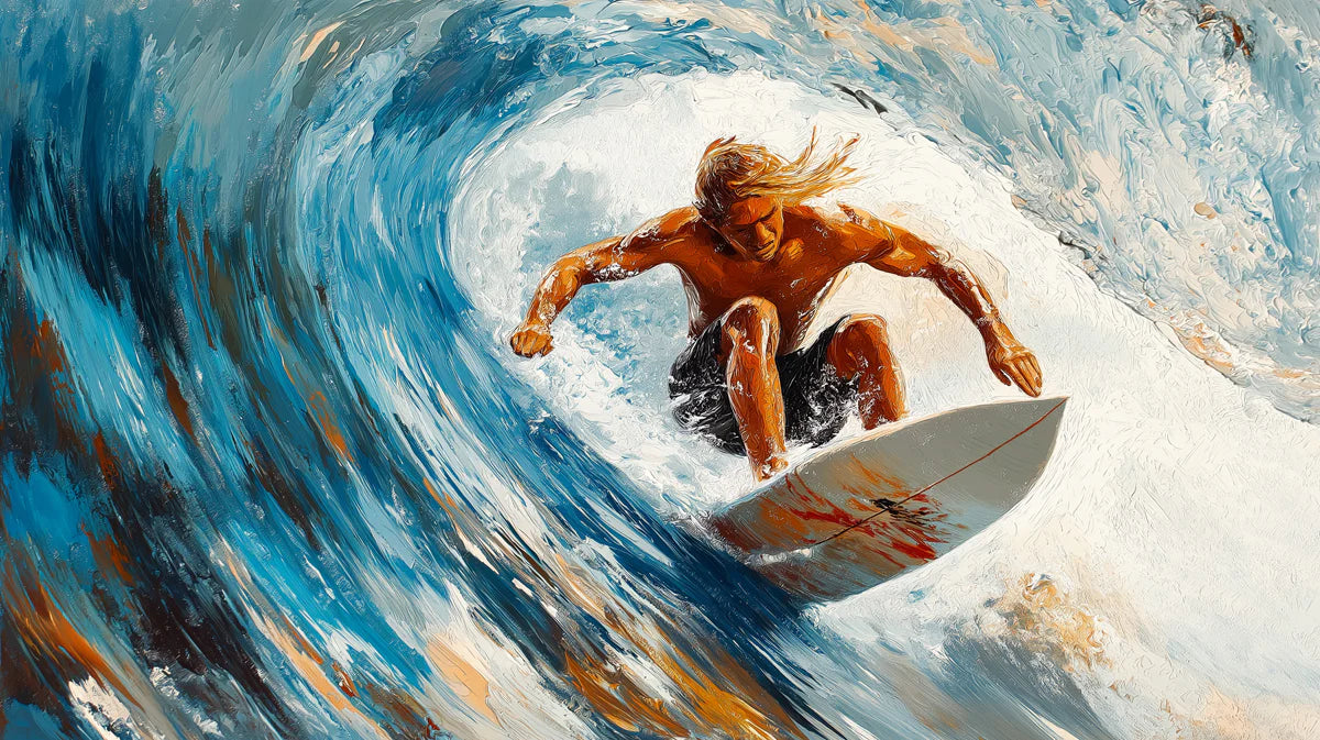 Surfer Wave Impasto Oil Painting Mural — Coastal Action Decor Mural Wallpaper - room preview 04