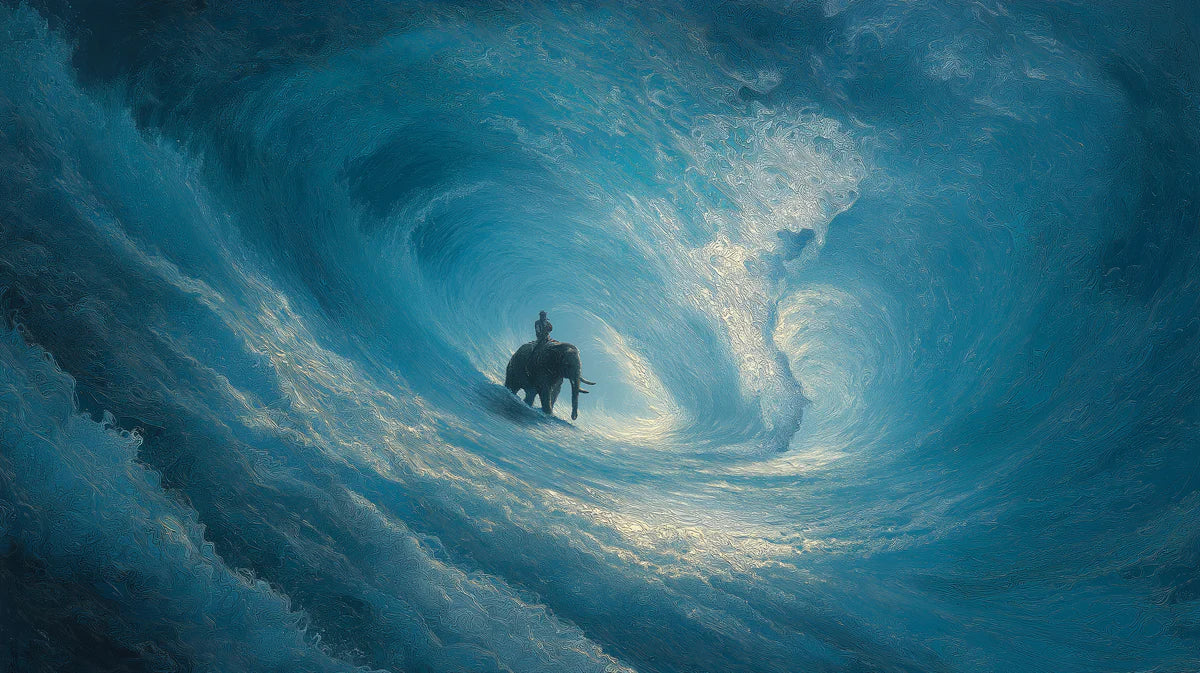 Elephant and Wave Mural Wallpaper — Impressionistic Deep Blue Art Mural Wallpaper - room preview 04
