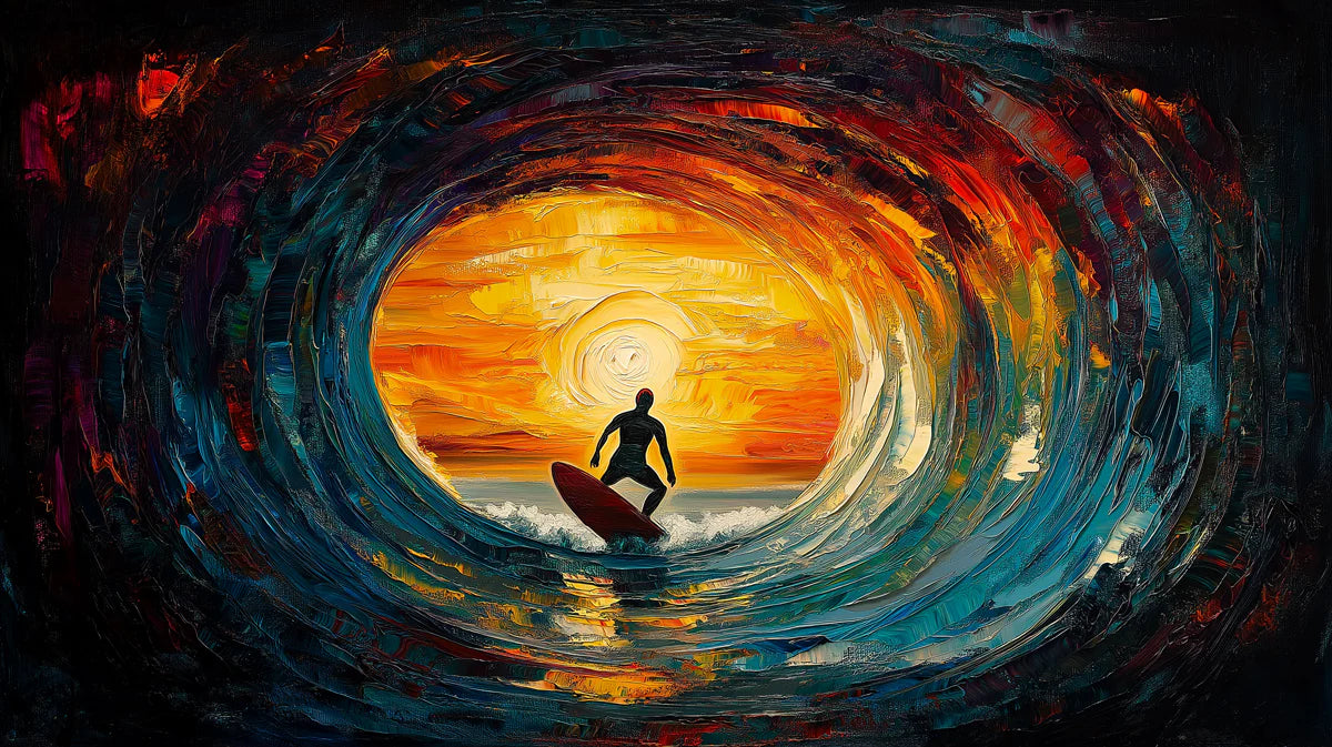 Surfer Sunset Barrel Wave Mural Wallpaper — Artistic Oil Painting Mural Wallpaper - room preview 04