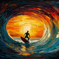 Surfer Sunset Barrel Wave Mural Wallpaper — Artistic Oil Painting Mural Wallpaper - room preview 04