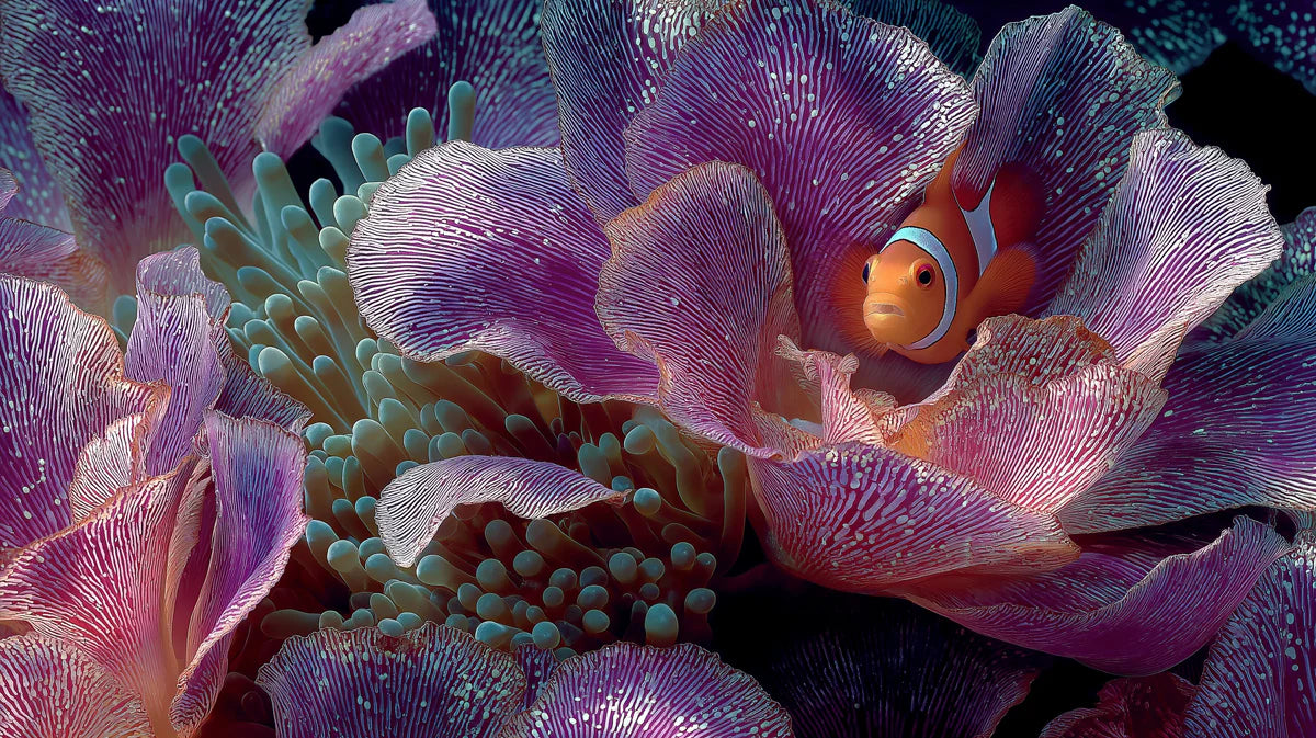 Clownfish and Purple Anemone Mural Wallpaper —Macro Underwater Art Mural Wallpaper - room preview 04
