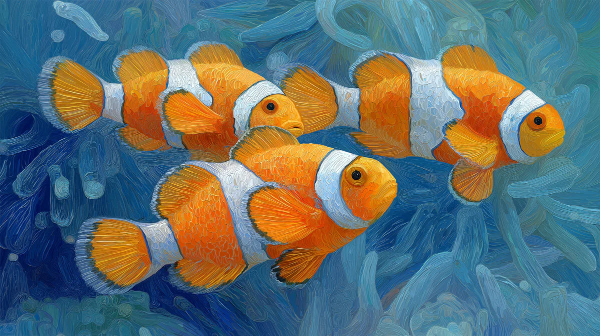 Impasto Clownfish Mural Wallpaper — Artistic Aquatic Theme Mural Wallpaper - room preview 04