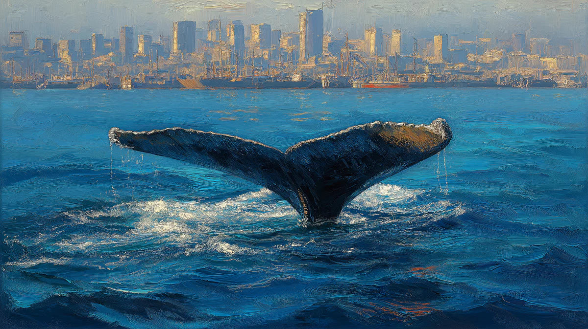 Whale Tail and City Skyline Mural Wallpaper — Artistic Oil Painting Mural Wallpaper - room preview 04
