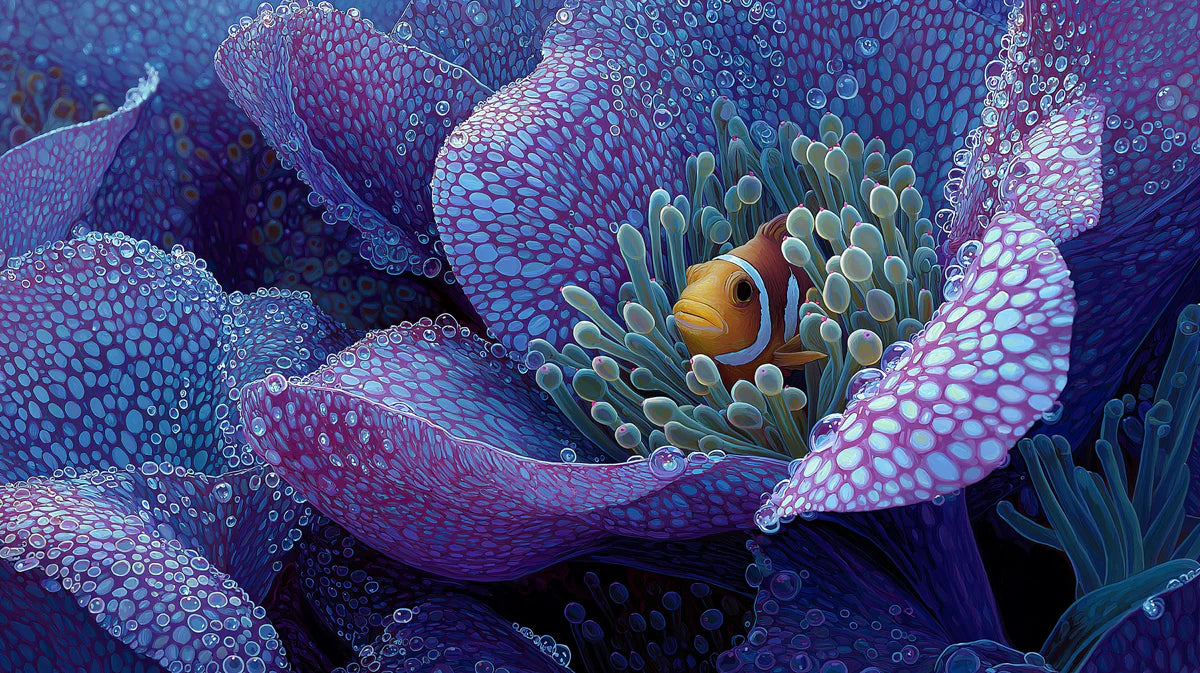 Anemone and Clownfish Macro Mural Wallpaper — Electric Violet Mural Wallpaper - room preview 04