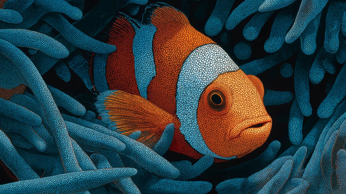 Clownfish Pointillist Mural Wallpaper — Vibrant Aquatic Art Mural Wallpaper - room preview 04
