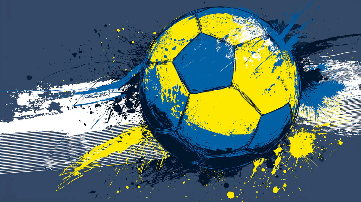 Dynamic Grunge Soccer Ball Mural Wallpaper in Blue and Yellow Mural Wallpaper - room preview 04