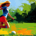 Female Footballer Oil Painting Mural Wallpaper — Energetic Action Art Mural Wallpaper - room preview 04