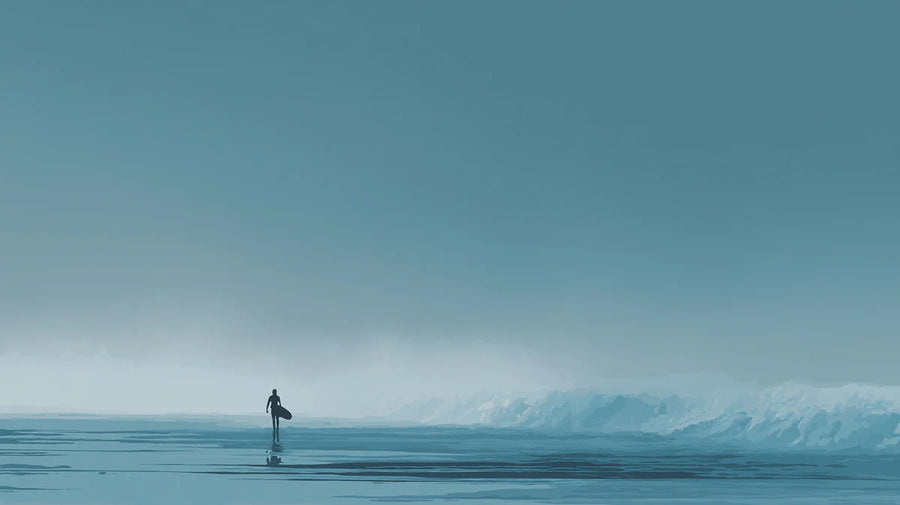 Coastal Wallpaper Mural – Seaside Wall Mural – Lone Surfer Foggy Shore — Minimalist Coastal Art printable artwork