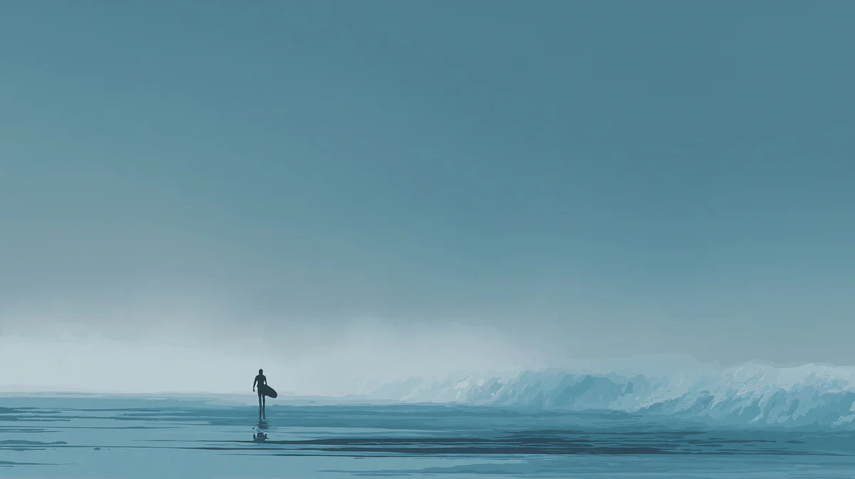 Lone Surfer Foggy Shore Mural Wallpaper — Minimalist Coastal Art Mural Wallpaper - room preview 04