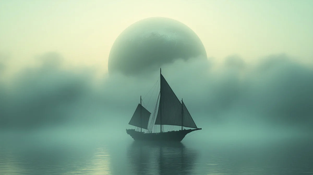 Mystic Sailboat Mural Wallpaper — Ethereal Fog and Moon Design Mural Wallpaper - room preview 04