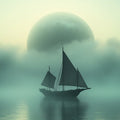 Mystic Sailboat Mural Wallpaper — Ethereal Fog and Moon Design Mural Wallpaper - room preview 04