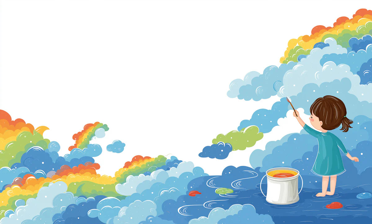 Rainbow Cloud Painter Mural Wallpaper — Whimsical Children's Art Mural Wallpaper - room preview 04