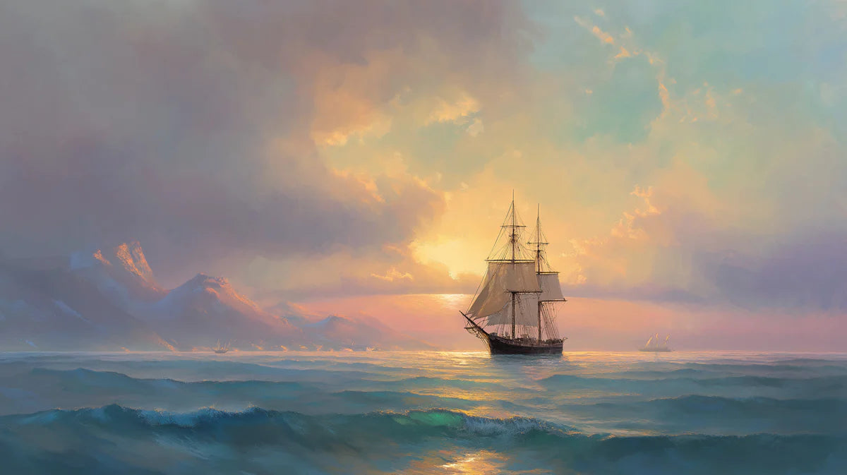 Sunset Seascape Sailing Mural Wallpaper Oil Painting, Misty Mountains, Warm and Cool Tones Mural Wallpaper - room preview 04