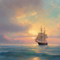 Sunset Seascape Sailing Mural Wallpaper Oil Painting, Misty Mountains, Warm and Cool Tones Mural Wallpaper - room preview 04