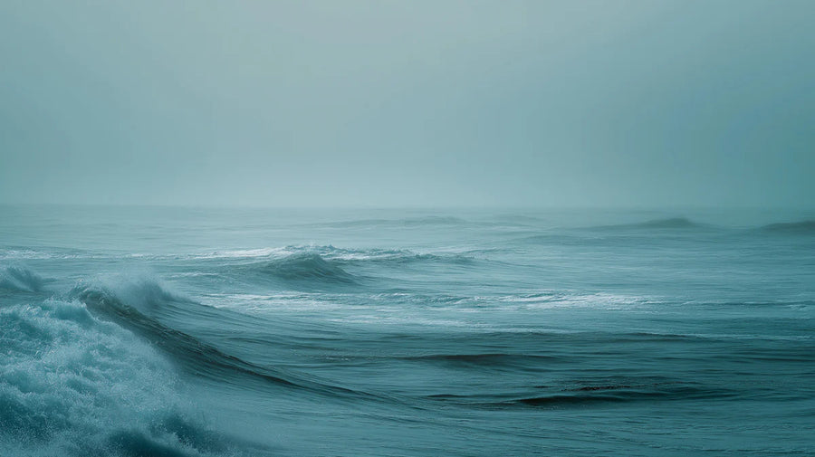 Sea Wallpaper Mural – Ocean Wall Mural – Misty Ocean Wave — Calm Teal Seascape printable artwork